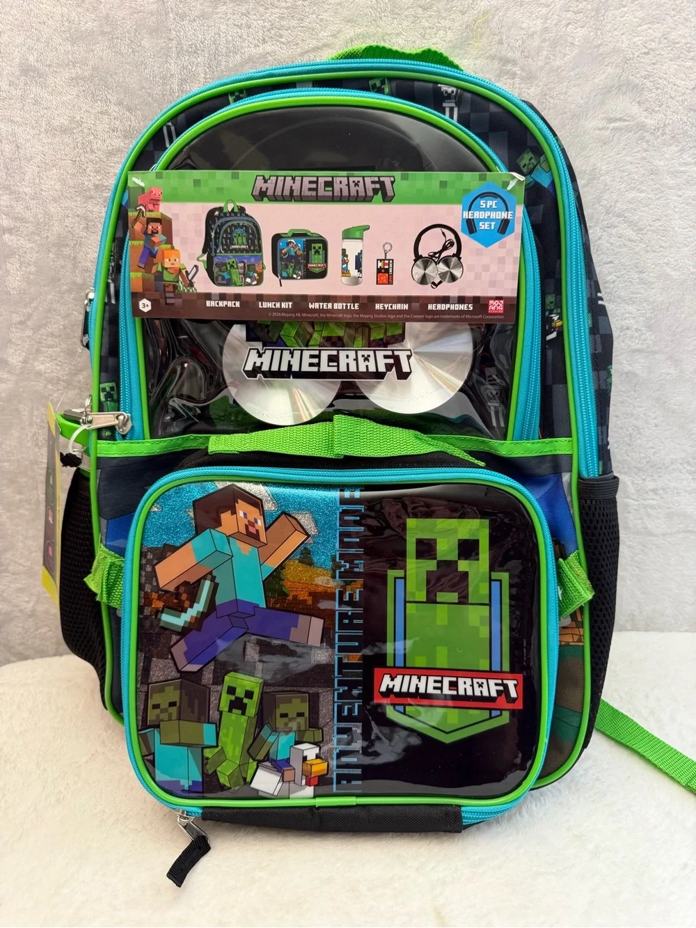 Minecraft Kids Backpack 5 Piece School Set Lunch Bag Headphones Water Bottle